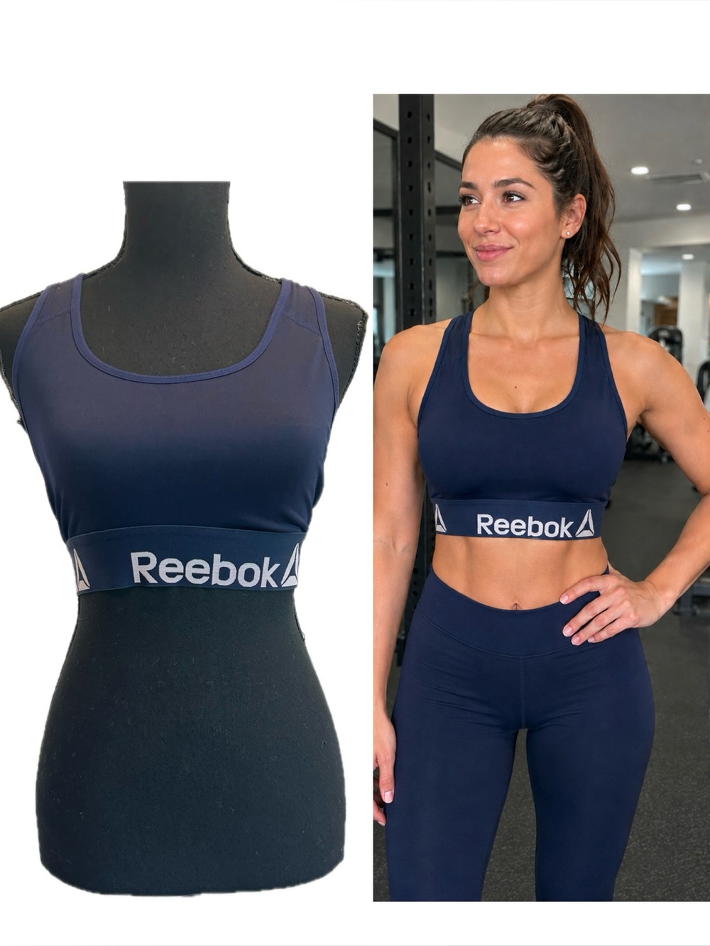 Reebok Navy Blue Racerback Sports Bra Logo Band Women’s Large Gym Fitness Yoga
